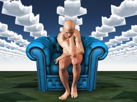 Arrows point the way. Thinking man sits on blue armchair. 3D rendering