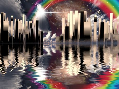 Heavenly city reflects in water. Rainbow in the sky. 3D rendering