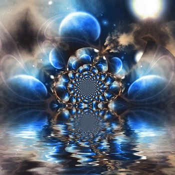 Fractal of planets. Water reflections. 3D rendering