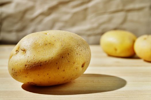 Whole yellow potato on wooden table , uncooked and unpeeled vegetable ,in the background out of focus potatoes