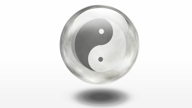 Yin Yang symbol is contained inside of glass sphere. 3D rendering