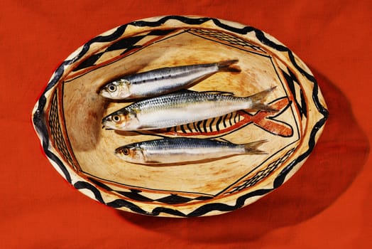 Fresh sardines on plate ,uncooked European pilchard fish ,orange tablecloth ,