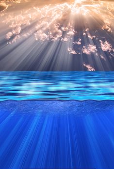 Sun rays over calm water. 3D rendering