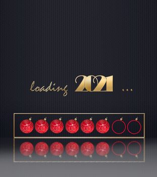 Loading 2021 New Year festive card. Red balls, gold digit 2021, text Loading 2021 on dark blue background. Place for text. 3D illustration