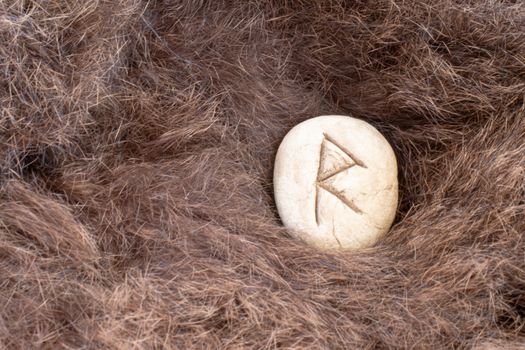 Raido or Raidho Nordic stone rune on fur. Letter Raed of the Viking alphabet.