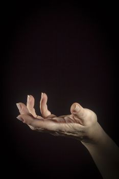 Female hand showing open gesture on black background
