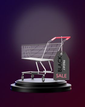 A shopping cart is parked on a black podium and a price tag is hung on the cart handle in darkness. Concept of the shopping season on weekends of November every year. 3D rendering illustration.