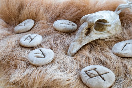 Stone runes on a fur. Futhark viking alphabet. Close up photo of Norse runes.