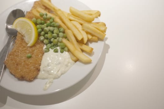 Fish and chips on a dish .