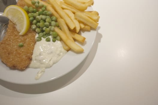 Fish and chips on a dish .