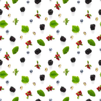 Creative seamless pattern of wild berries, blackberry, blueberry, lingonberry and bramble. modern seamless pattern on white backgriund made from autumn forest wild berries. Forest berries mix