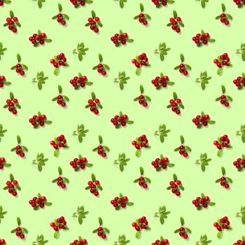 Lingonberry seamless pattern on green background. Fresh cowberries or cranberries with leaves as seamless pattern for textile, fabric, print or posters