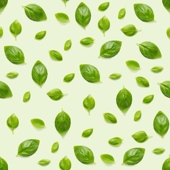 Italian Basil leaf herb seamless pattern on green background, Creative seamless pattern made from fresh green basil flat lay layout. Food ingredient seamless pattern.