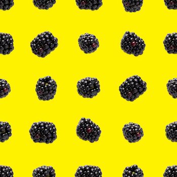 Bramble Seamless pattern. Fresh blackberry seamless pattern. Square pattern with fresh wild berries isolated on yellow background. flat lay.