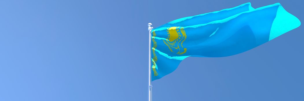 3D rendering of the national flag of Kazakhstan waving in the wind against a blue sky