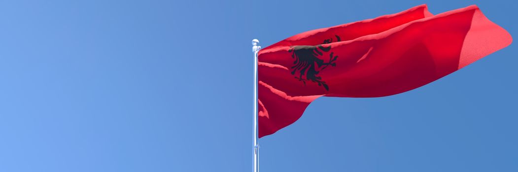 3D rendering of the national flag of Albania waving in the wind against a blue sky