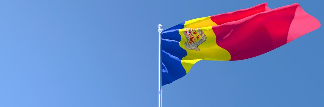 3D rendering of the national flag of Andorra waving in the wind against a blue sky