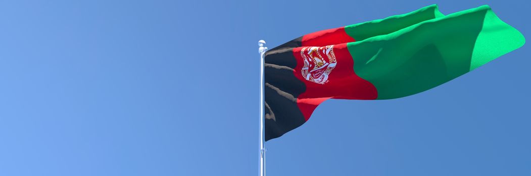 3D rendering of the national flag of Afghanistan waving in the wind against a blue sky