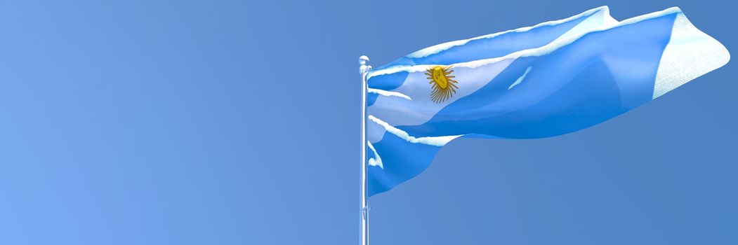 3D rendering of the national flag of Argentina waving in the wind against a blue sky
