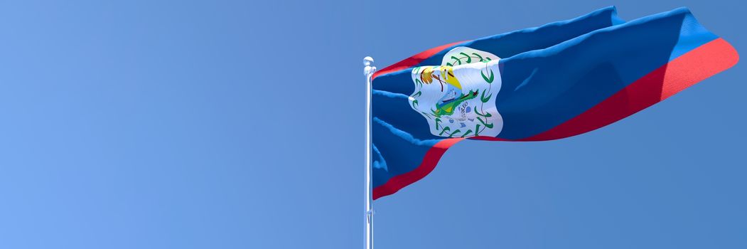 3D rendering of the national flag of Belize waving in the wind against a blue sky