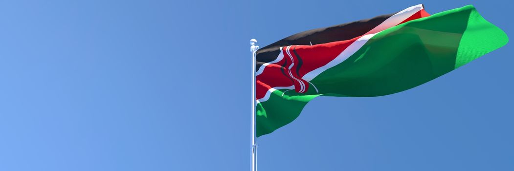 3D rendering of the national flag of Kenya waving in the wind against a blue sky