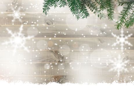 Christmas white rustic background. Vintage planked wood with Christmas tree branches, snowflakes. Place for text, illustration