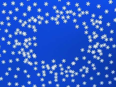 Scattered white snowflakes on blue background. Simple flat lay with copy space. Stock photography.