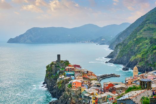Vernazza village popular tourist destination in Cinque Terre National Park a UNESCO World Heritage Site, Liguria, Italy on sunset view from south