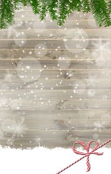 New Year Christmas background. Spruce branches, snowflakes on wooden planks. Place for text, mockup, 3D illustration