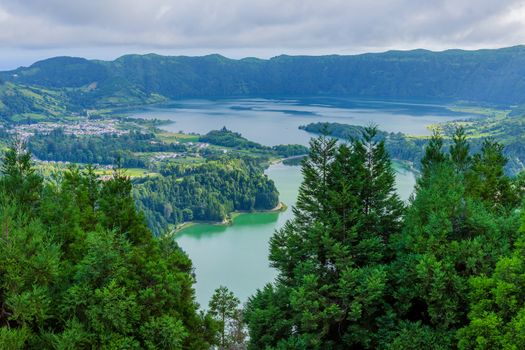 Picturesque view of the Lake of Sete Cidades, a volcanic crater lake on Sao Miguel island, Azores, Portugal