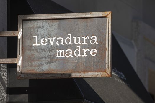 Madrid, Spain - May 18, 2020: Main facade at the entrance to the bakery, Levaduramadre, in the Retiro district.