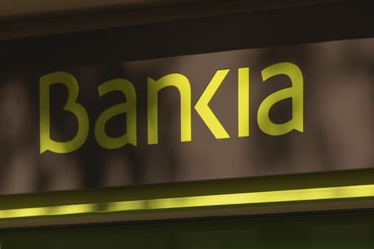 Madrid, Spain - May 18, 2020: Main facade at the entrance to the bank office of, Bankia, in the Retiro district.