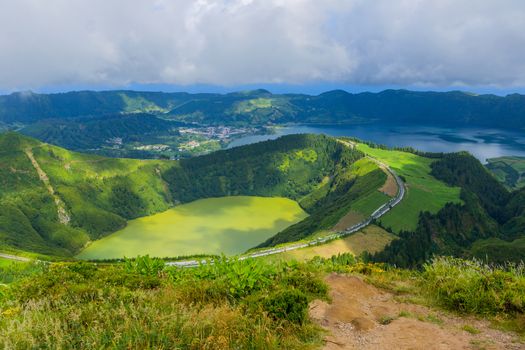 Viewpoint Miradouro da Boca do Inferno in Sao Miguel Island, Azores, Portugal. Amazing crater lakes surrounded by green fields and forests