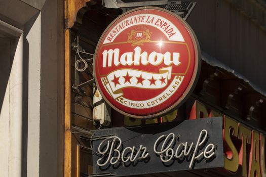 Madrid, Spain - May 18, 2020: Entrance sign to the old bar, cafe, brewery, La Espada, in the Retiro district.