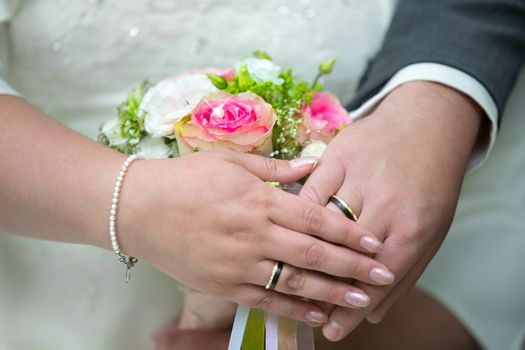 Hands of a newlyweds with the wedding rings