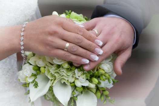 Hands of a newlyweds with the wedding rings