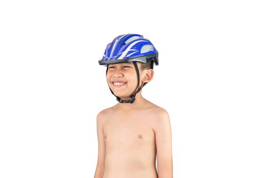 The boy wore a helmet for cycling,  skateboard, inline skates standing and smiling on a white background.