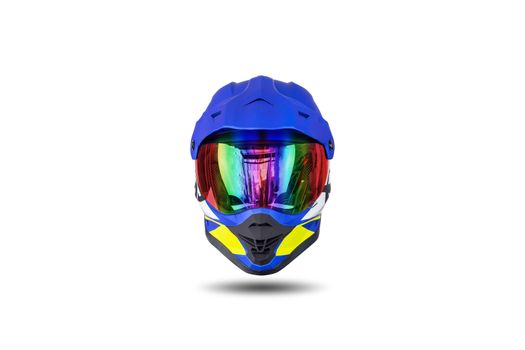 Front view of a multi colored motocross helmet isolated on white background.