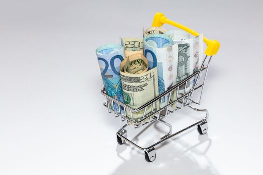 Closeup of a shopping cart full of euro and dollar bills isolated on white background. Concepts of loan, investment, pension, saving money, financing, collateral, debt, mortgage, financial crisis.