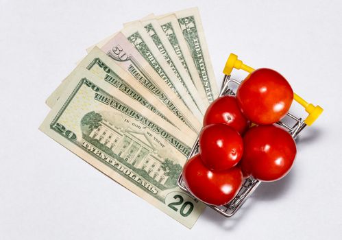 Shot of tomatoes in shopping cart isolated on white background with US dollar bills under it. Top view. Ripe tasty red tomatos in shopping cart. Tomato trading concept. Online shopping concept.