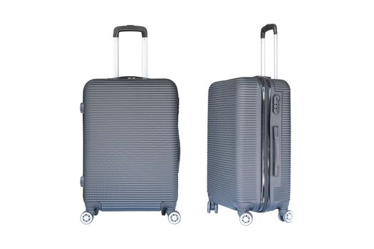 Beautiful gray color travel luggage front view and side view isolated on white background.