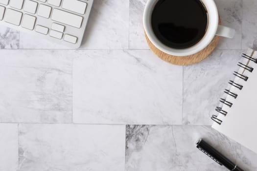 Topview flat lay of working table with office stationary. Modern and comfortable working desk concept.