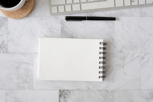 Topview flat lay of working table with office stationary. Modern and comfortable working desk concept.