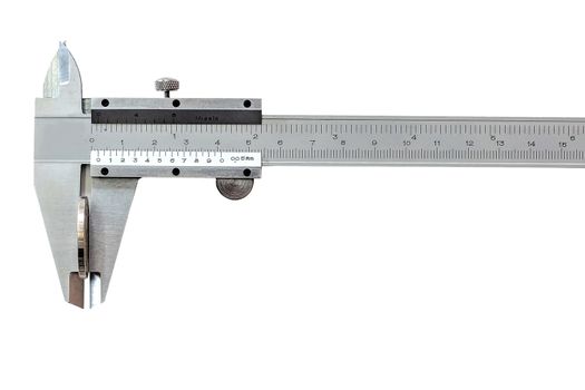 Vernier caliper is an indispensable tool in industrial applications for measuring the length, thickness, and depth of work pieces with precision, isolated on white background with clipping path.