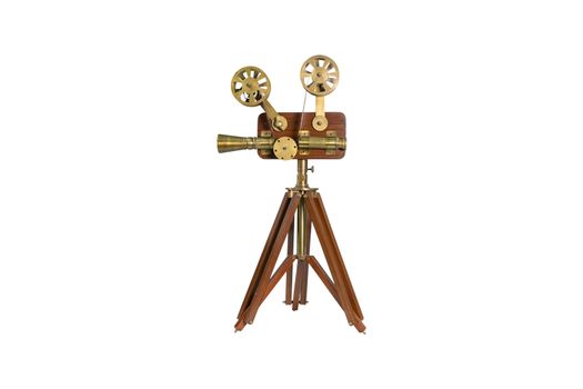 Wooden film cinema camera model isolated on white background.