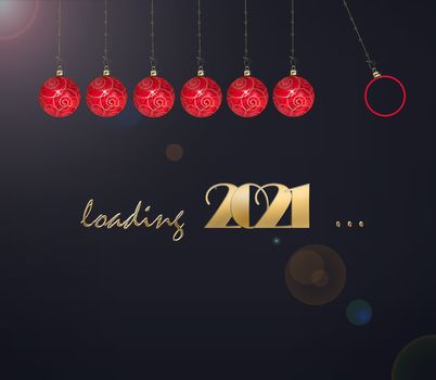 Loading New Year festive card. Progress bar of red balls, gold digit 2021, text Loading 2021 on dark blue background. Creative festive banner progress bar. Place for text. 3D illustration