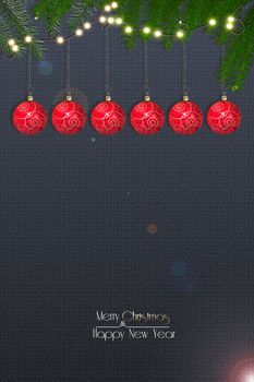 Christmas modern background. Red realistic baubles, fir branches, lights on dark blue background. Text Merry Christmas Happy New Year. Copy space, mockup. 3D illustration