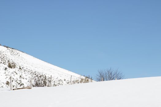 Snowy horizon with a fence. Copy space.