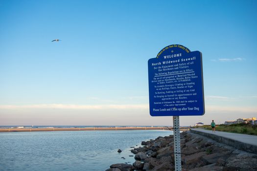 A Blue Welcome Sign at the North Wildwood Seawall in New Jersey