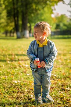 .Little boy crying because he spilled soap bubbles in an autumn park at sunset
